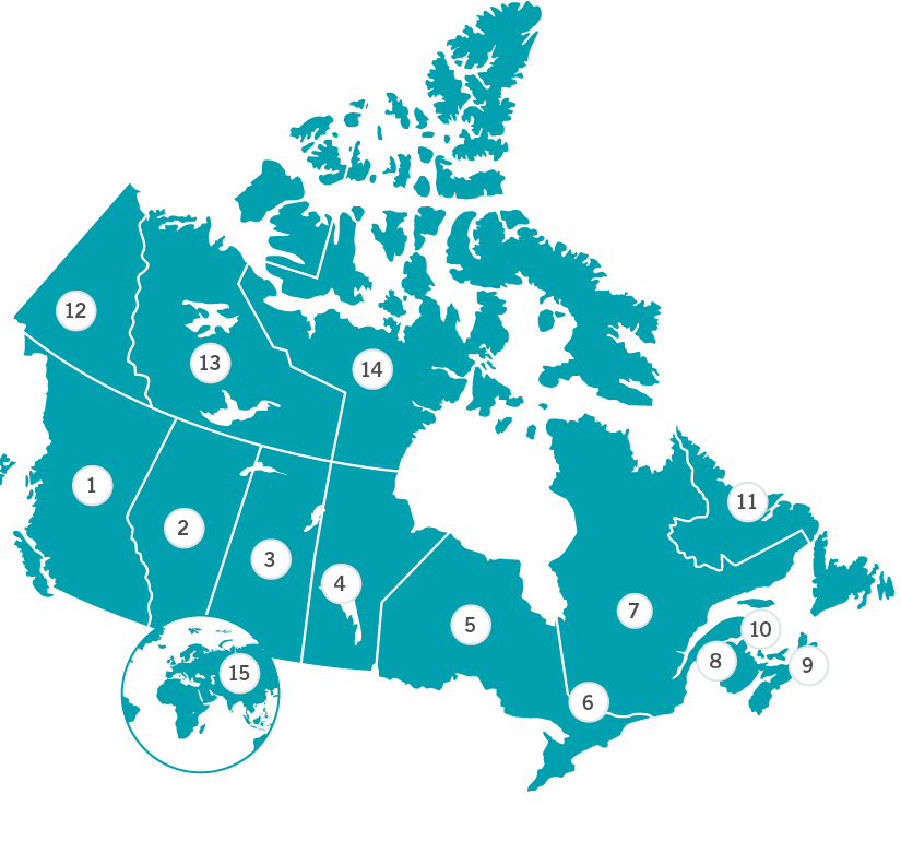 Carte du Canada, avec les provinces numérotées.