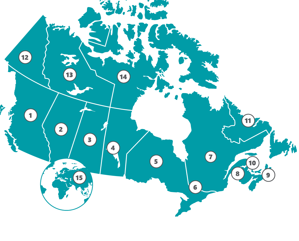Map of Canada, with the provinces numbered.