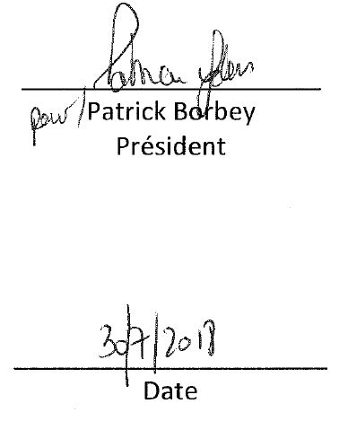 Signature de Patrick Borbey, Président. Daté du 30 juillet 2018