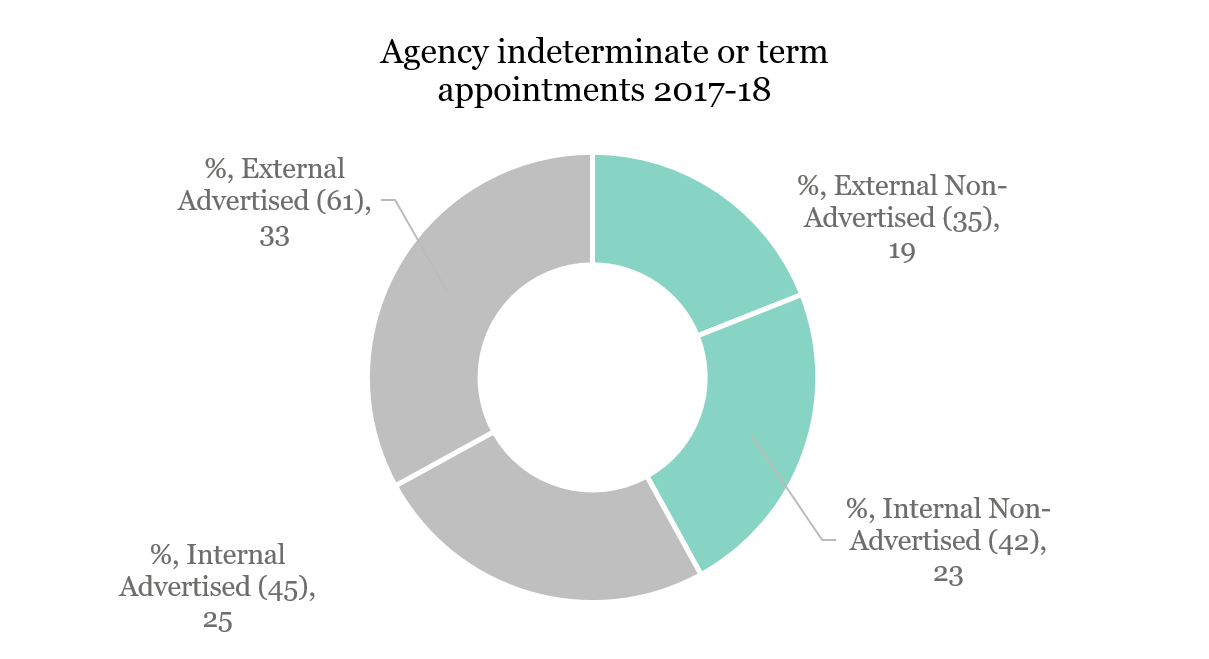 Number and percentage of term and indeterminate appointments, 2017-18 by type - internal or external and advertised or non-advertised.