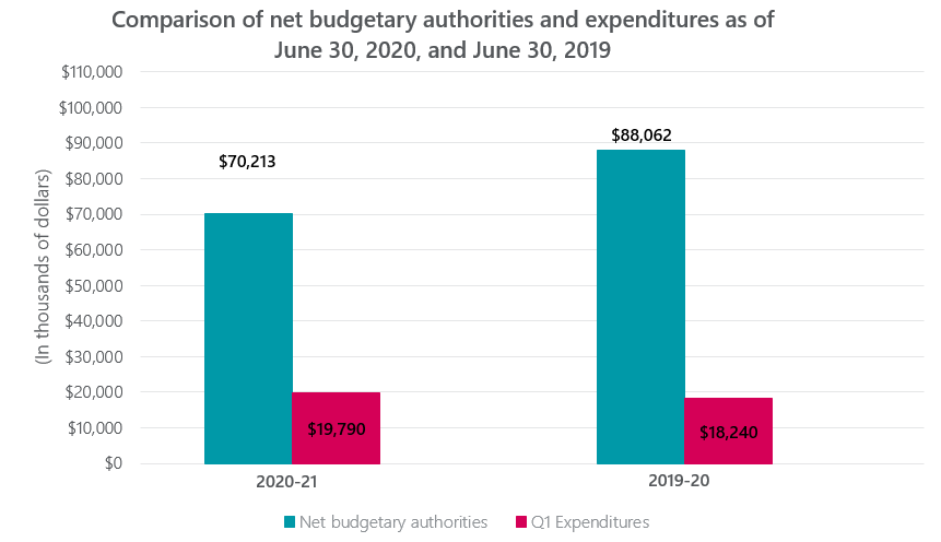 Comparison of net budgetary authorities and expenditures as of June 30, 2020, and June 30, 2019