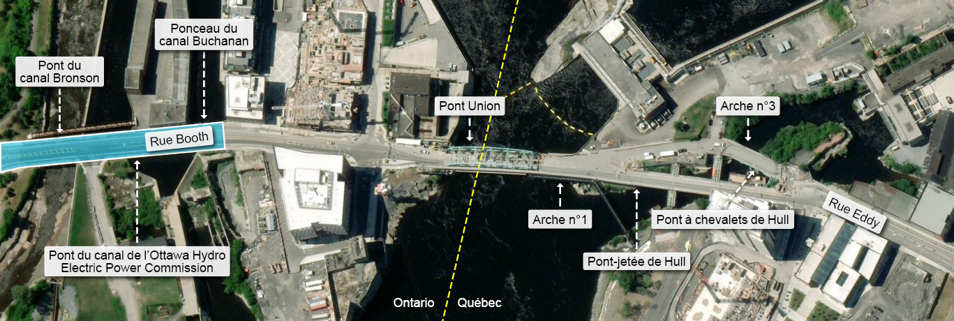 Image des 8 structures de la traverse mettant en évidence les structures sud, qui sont situées sur la rue Booth à Ottawa