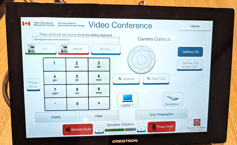 Example of a traditional equipment console tablet, displaying the "Videoconference" menu
