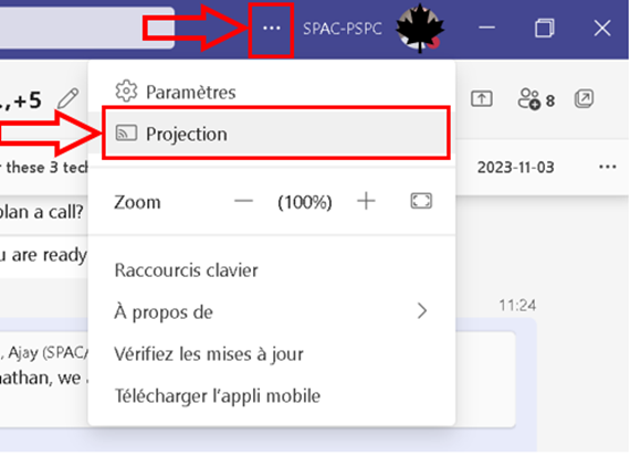 fenêtre Teams montrant comment accéder à la fonctionnalité « Projection »