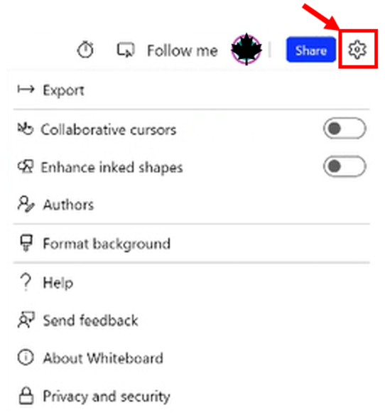 localisation of the Whiteboard's settings icon which opens the setting menu