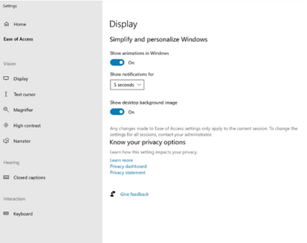"Ease of access" menu showing the Display settings