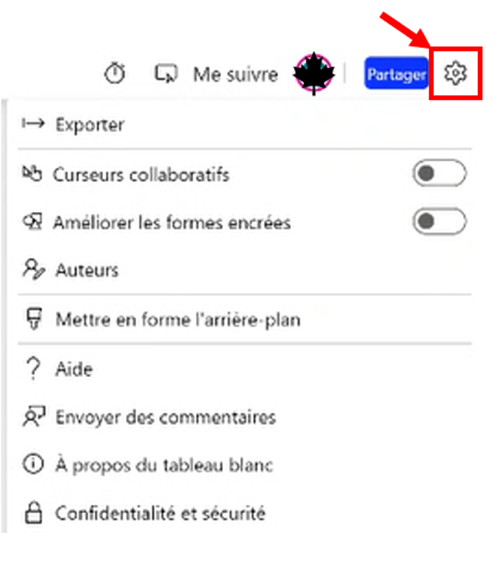 Emplacement exacte de l'icône de paramétrage dans l'application Tableau blanc qui ouvre le menu des paramètres