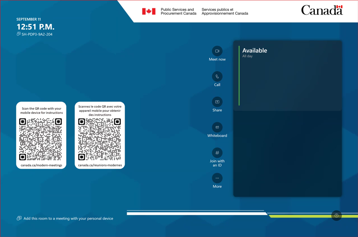 Surface Hub home screen with the date and time, QR codes for instructions, and options to meet, call, shared and more. 