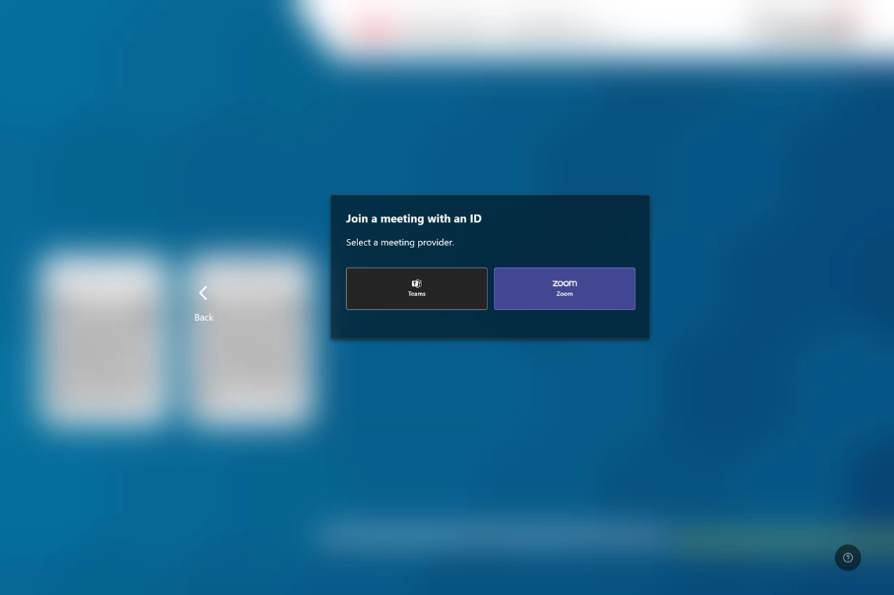 Join a meeting with an ID screen showing meeting options for Teams and Zoom.
