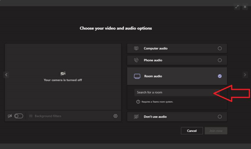 "Choose your video and audio options" Teams window with "Search for a room" indicated