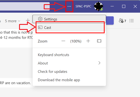 Teams window showing how to access the "Cast" feature