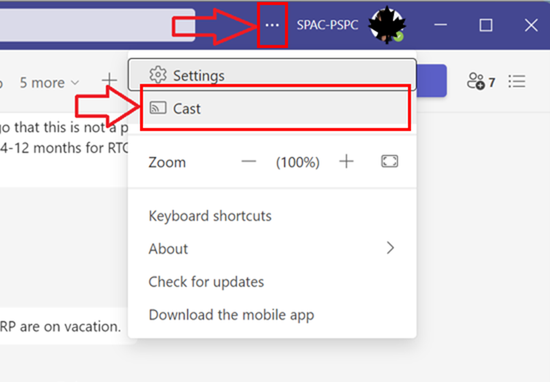 Teams window showing how to access the "Cast" feature