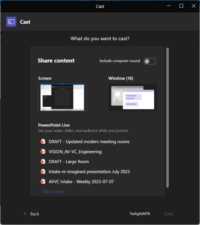 "Share content" menu