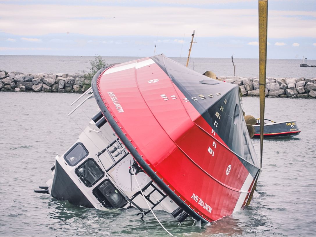 Canadian Coast Guard Ship McIntyre Bay going through the self-righting test