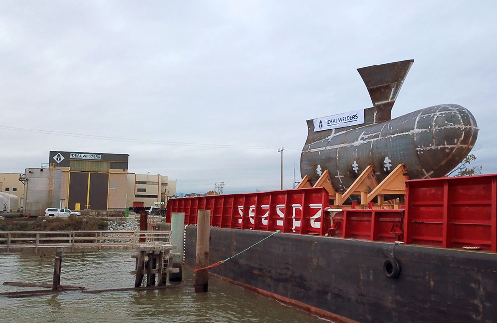 Bulbous bow of the joint support ship on a dock