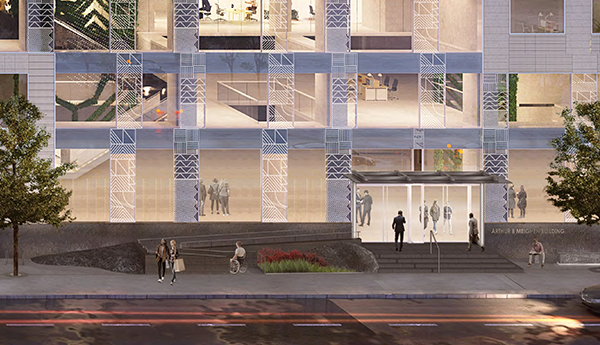 A schematic design of a modern glazed building with wheelchair access