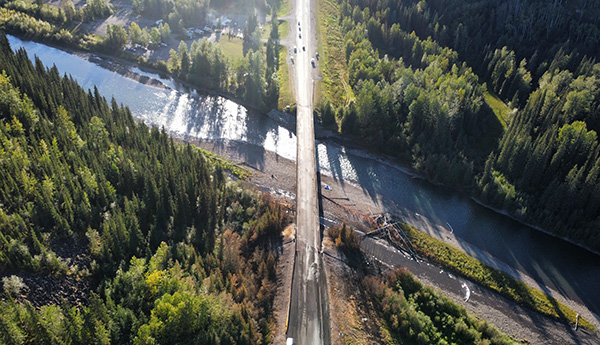 An aerial view of a bridge over trees and a narrow river