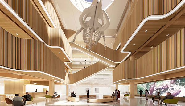 Rendu d'un hall d'entrée lambrissé où il y a des escaliers croisés et un squelette de baleine suspendu.