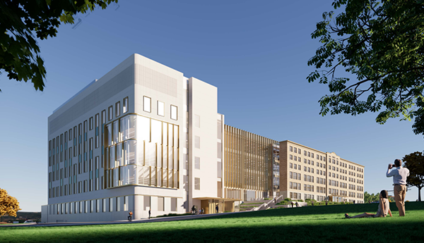 Rendu d'un immeuble rectangulaire comportant des fenêtres et un recouvrement métallique. À côté, il y a une grande pelouse.