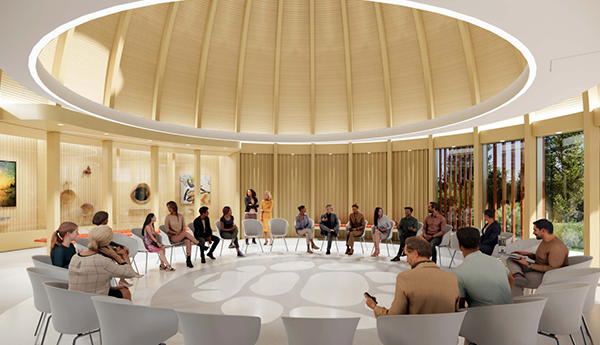 Rendu d'une salle de réunion circulaire, à moitié vitrée, où des personnes sont assises en cercle sur des chaises grises.