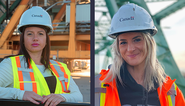 A close-up of Janet Bailey and Kathryn Tasse wearing safety vests and construction helmets