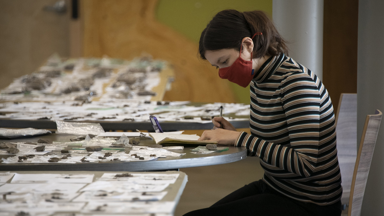A person wearing a mask sorts through small stone samples while seated at a table.