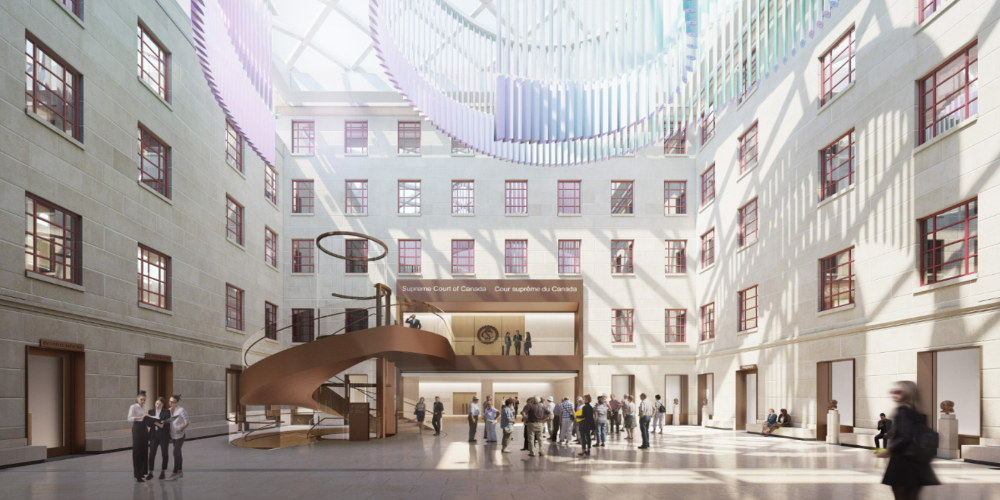 A drawing of a large modern lobby with natural sunlight, a circular staircase, people and windows.