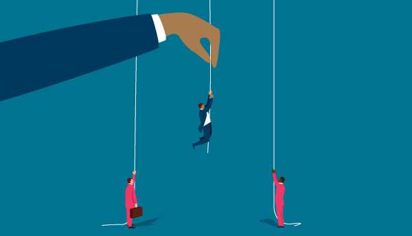 Image of a large hand holding a string with a small person at the end, with 2 small people in red on each side holding a string, on a blue background.