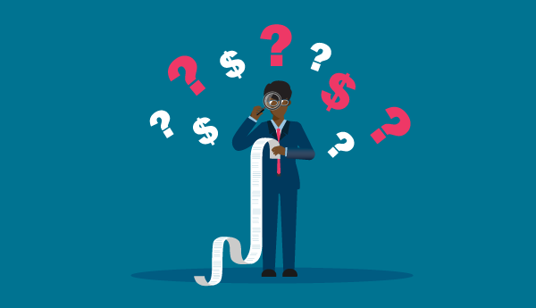 Image of a person in a suit holding a long bill, with red and white dollar signs and question marks above their head, on a blue background.