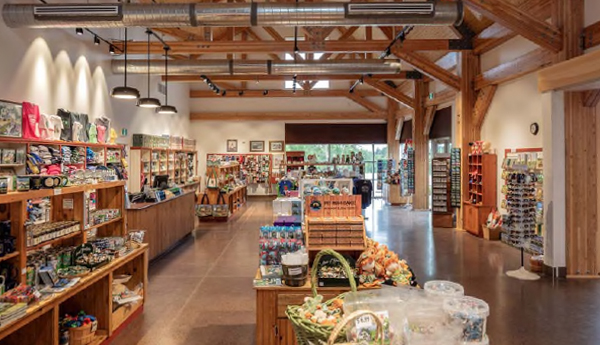 A gift shop with wooden roof beams.