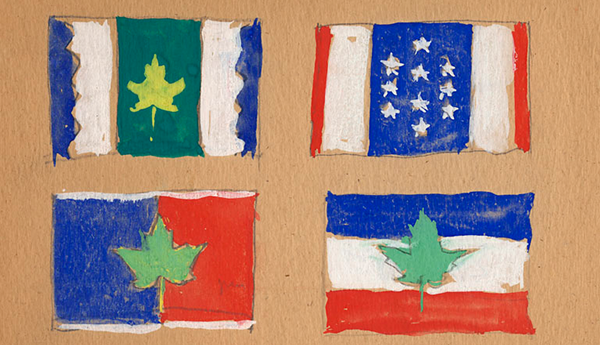 4 flags with the colours red, white, blue and green drawn on brown paper.