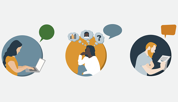 Pictogram with 3 characters, with cartoon conversation bubbles above their heads, each performing a task like using a laptop, thinking about different types of information, and entering comments into a computer.