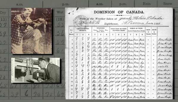 2 old photos of meteorologists at work, and a form dated 1883 with cursive writing