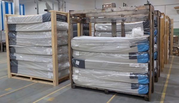 Matelas blancs empilés sur des étagères en bois.