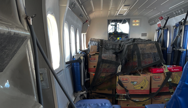 The cabin of a small airplane, with piles of boxes containing bananas at the front