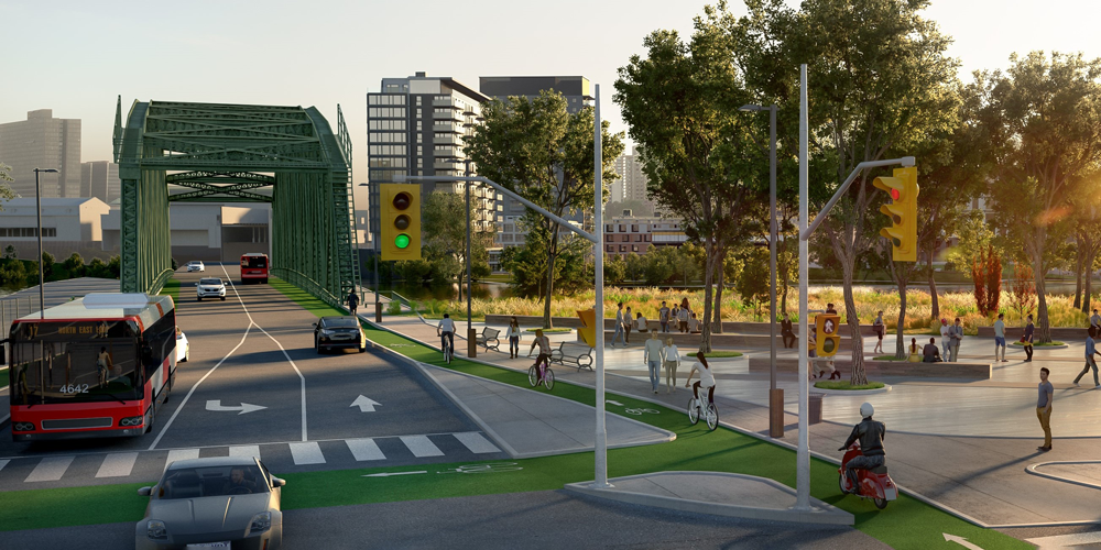 A rendering of a bridge, bicycle pathway and pedestrian crossing, along with vehicles, pedestrians and bikers on the move.