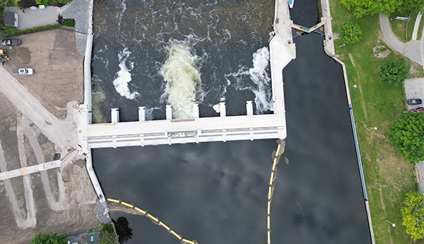 Scotts Mills Dam after the rebuild, showing the dam as a straight line.