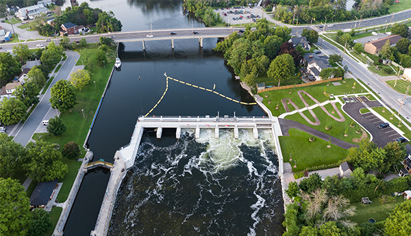 Scotts Mills Dam at the end of the project showing the dam and the new area for visitors.