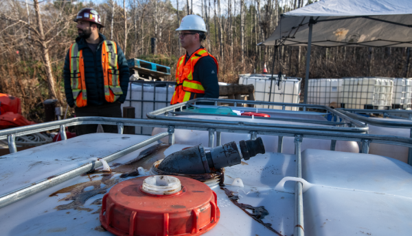 2 men in safety vests and hard hats standing next to some large containers