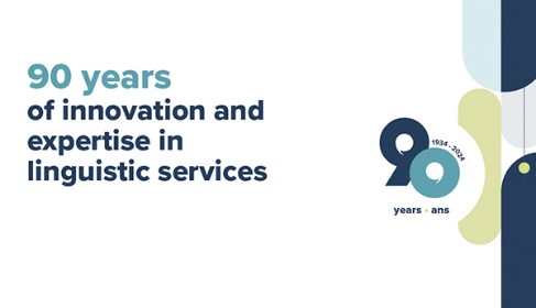 White, blue and light green graphic with the number 90 and the message "90 years of innovation and expertise in linguistic services."