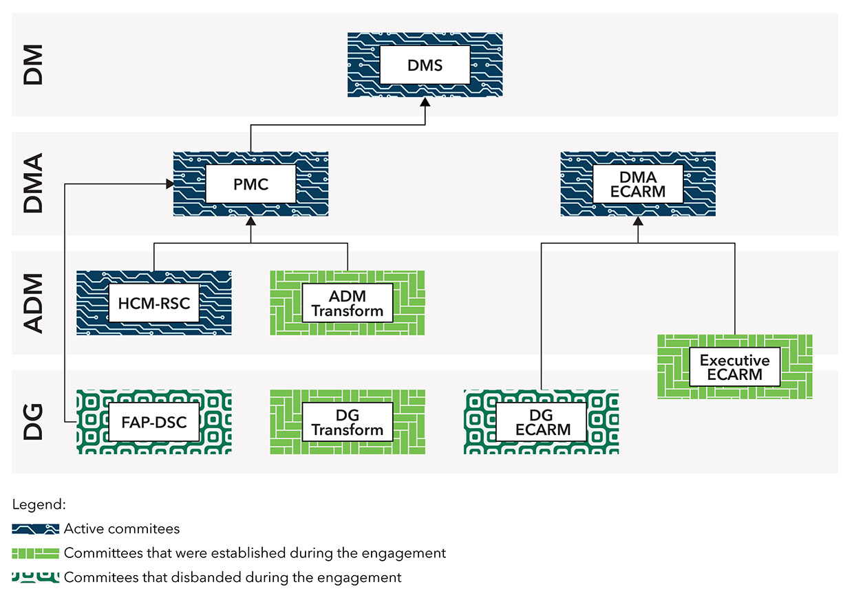 A hierarchical diagram including the DG, ADM, DMA, and DM levels. The diagram includes connections from the different levels, flowing upwards with each level shaded differently and the boxes showing the different committees established