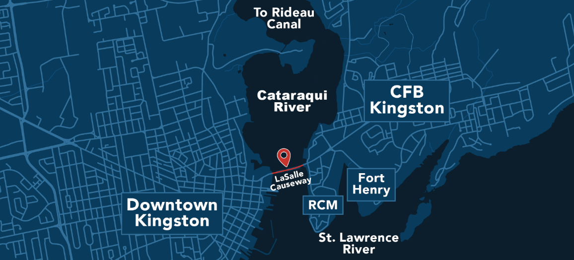 Aerial map view of the city of Kingston, showing the location of the LaSalle Causeway