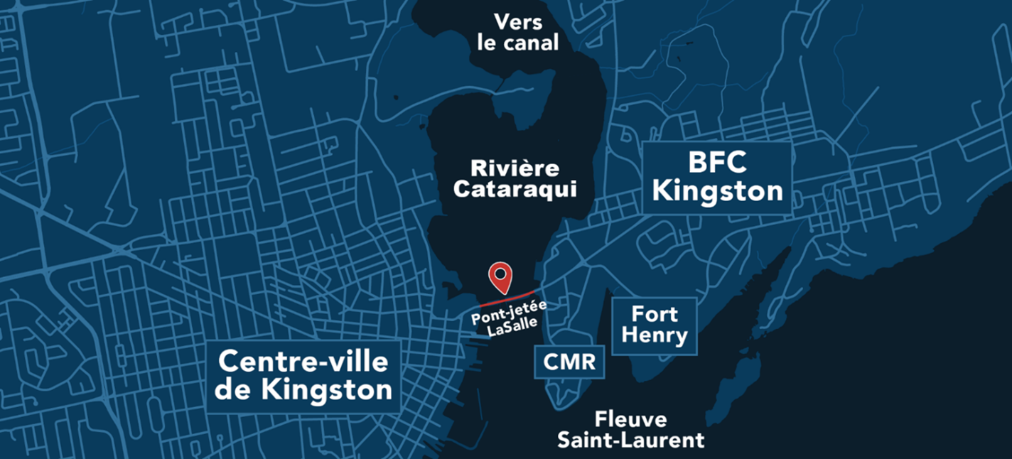 Vue aérienne de la ville de Kingston, montrant l’emplacement du pont-jetée LaSalle