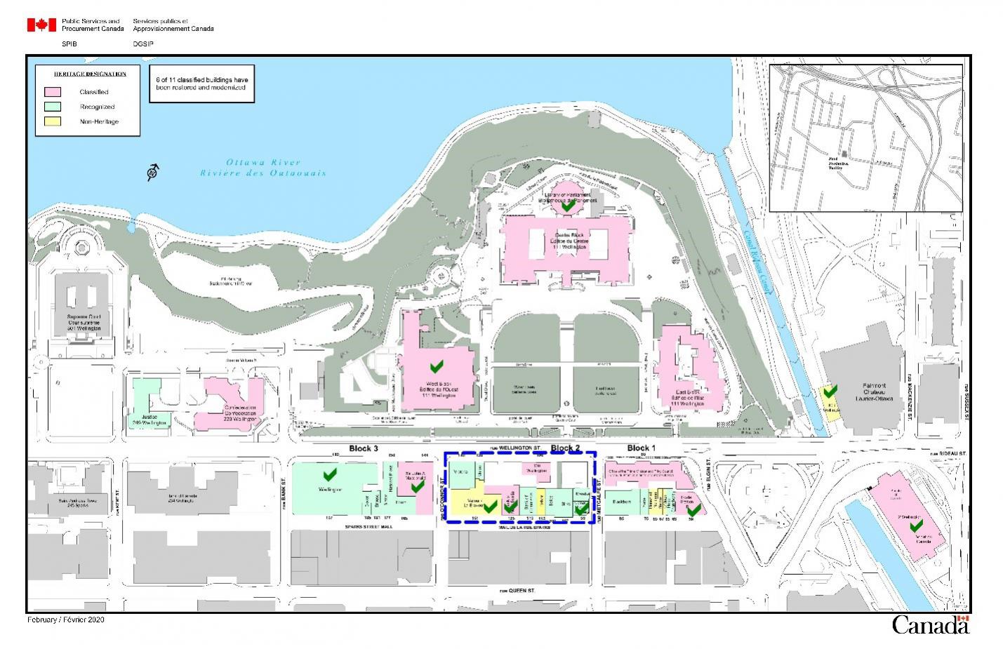 Une carte de la Cité parlementaire qui indique les bâtiments classés, reconnus et non patrimoniaux par couleur, et montre les projets réalisés avec des crochets. Version textuelle en dessous du graphique.