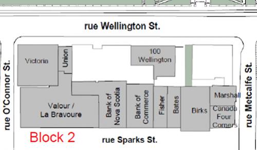 Une carte du quadrilatère 2 qui est situé entre les rues Wellington, O’Connor, Sparks et Metcalfe. Version textuelle en dessous du graphique.