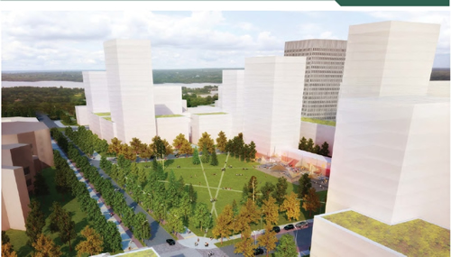 Skyline view of new park/ open space with new residences to the west
