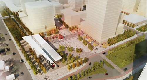 Aerial view of the Tunney’s Pasture Light Rail transit station plaza at the corner of Tunney’s Pasture Boulevard and Yarrow
