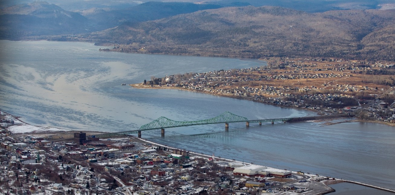 J.C. Van Horne Bridge crossing the Restigouche River from an aerial view