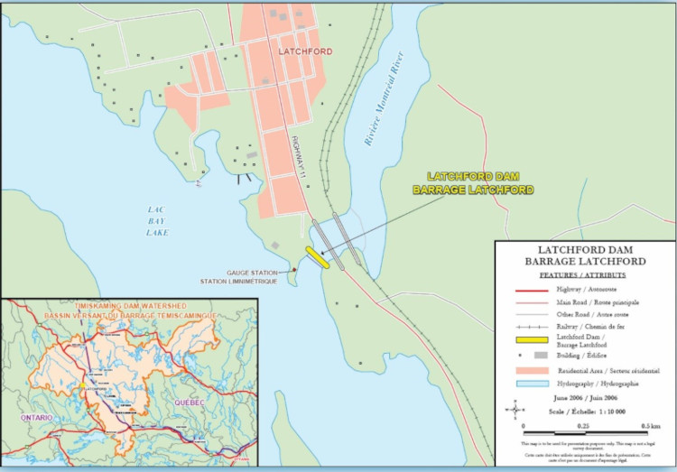 A map of the Latchford Dam on the Montreal River