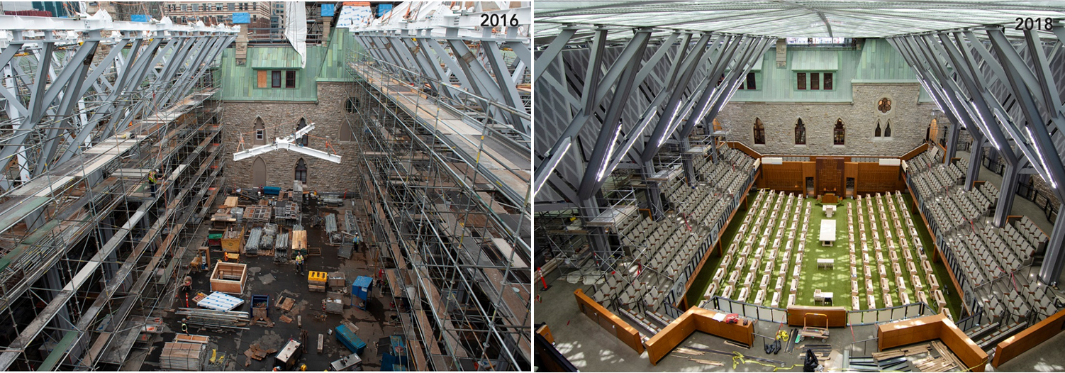 Deux photos prises du même point de vue. La première photo montre la cour extérieure ouverte, dans laquelle des supports de toiture en acier sont en cours de construction. La seconde photo montre la salle terminée et les supports en acier sur lesquels repose le toit en verre.
